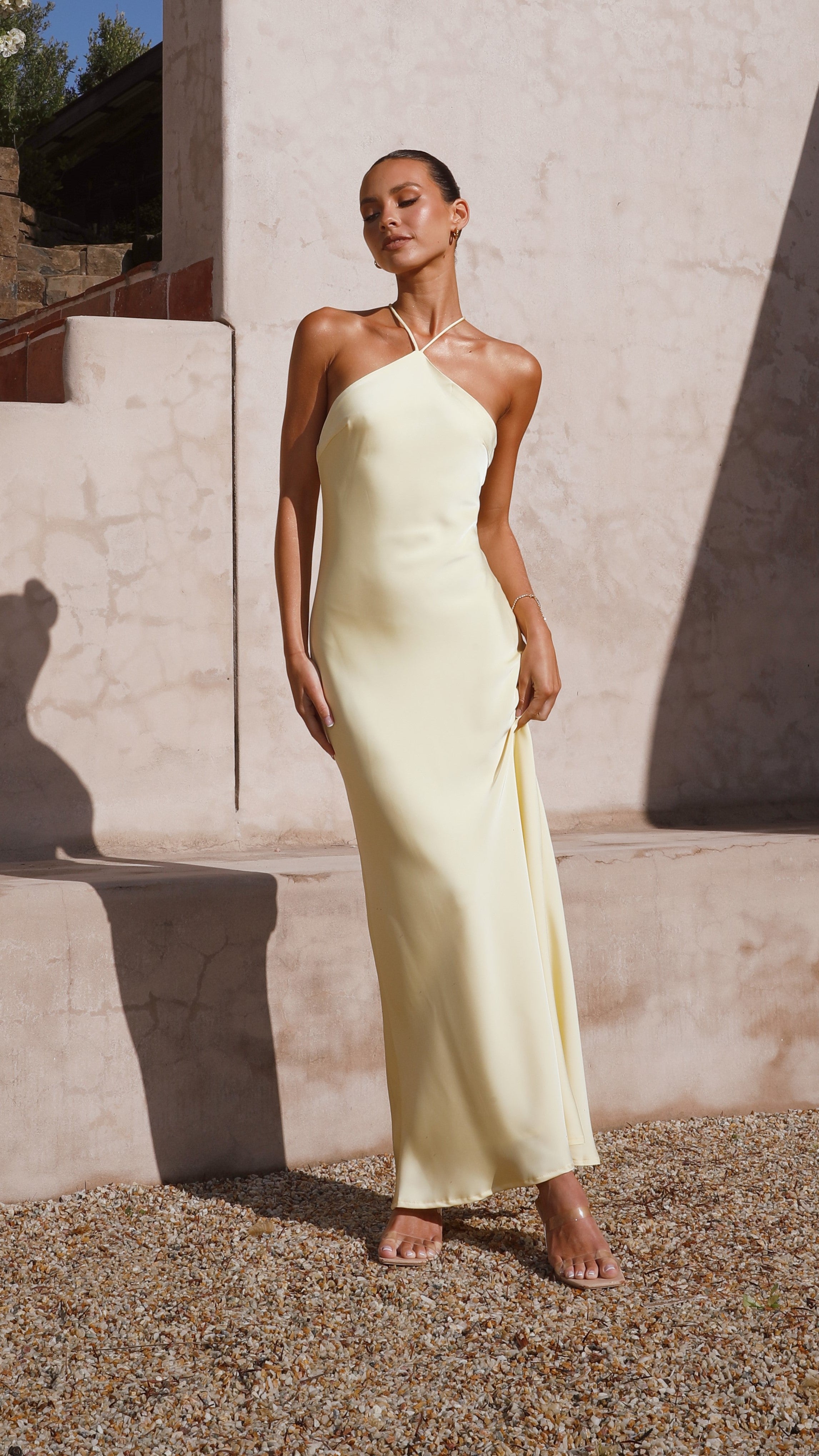 Vestido largo fiesta mujer halter escote minimalista espalda tirantes cruzados anudados - Marce