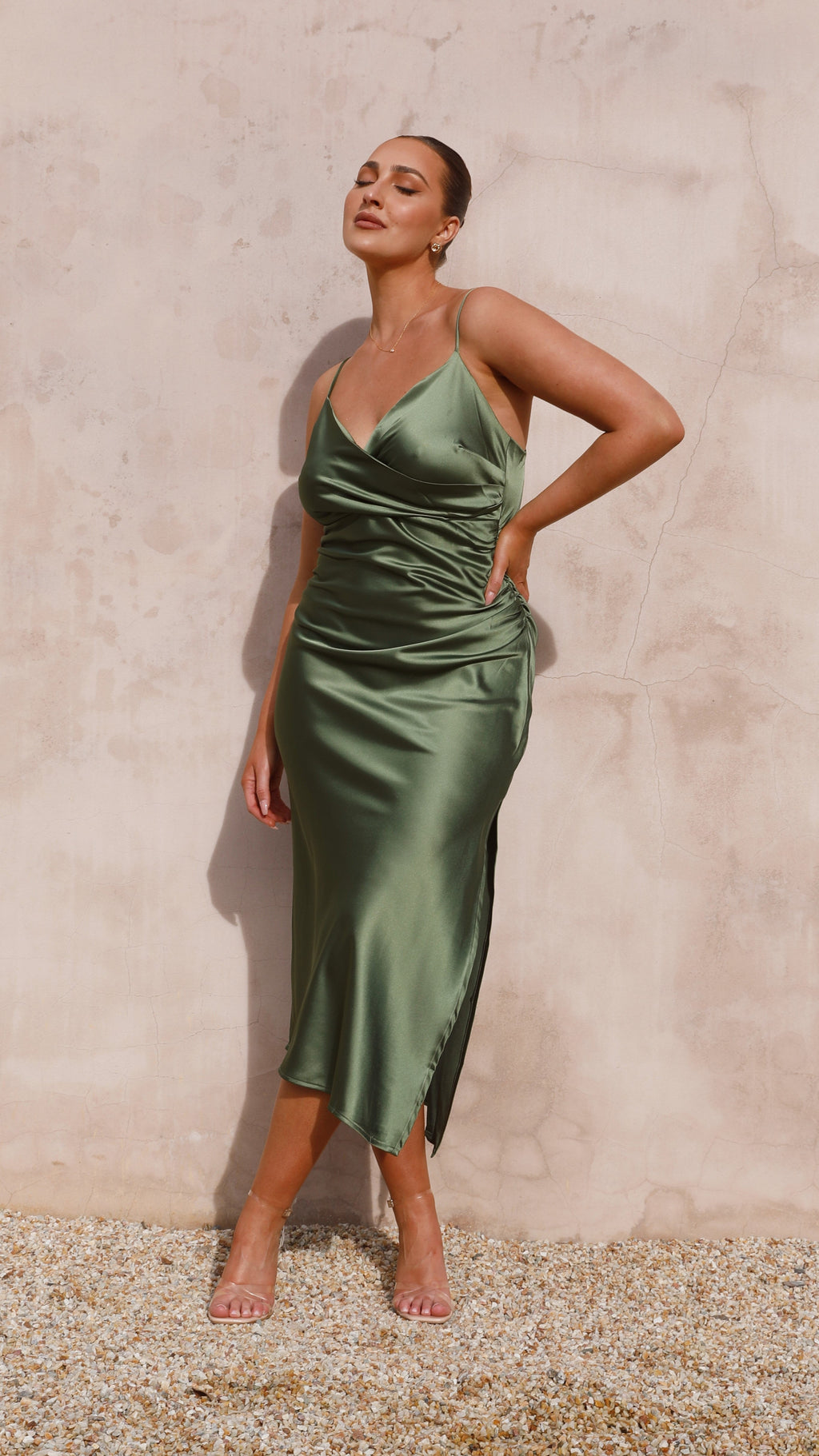 Vestido midi satinado mujer escote cruzado drapeado tirantes regulables abertura - Jessica