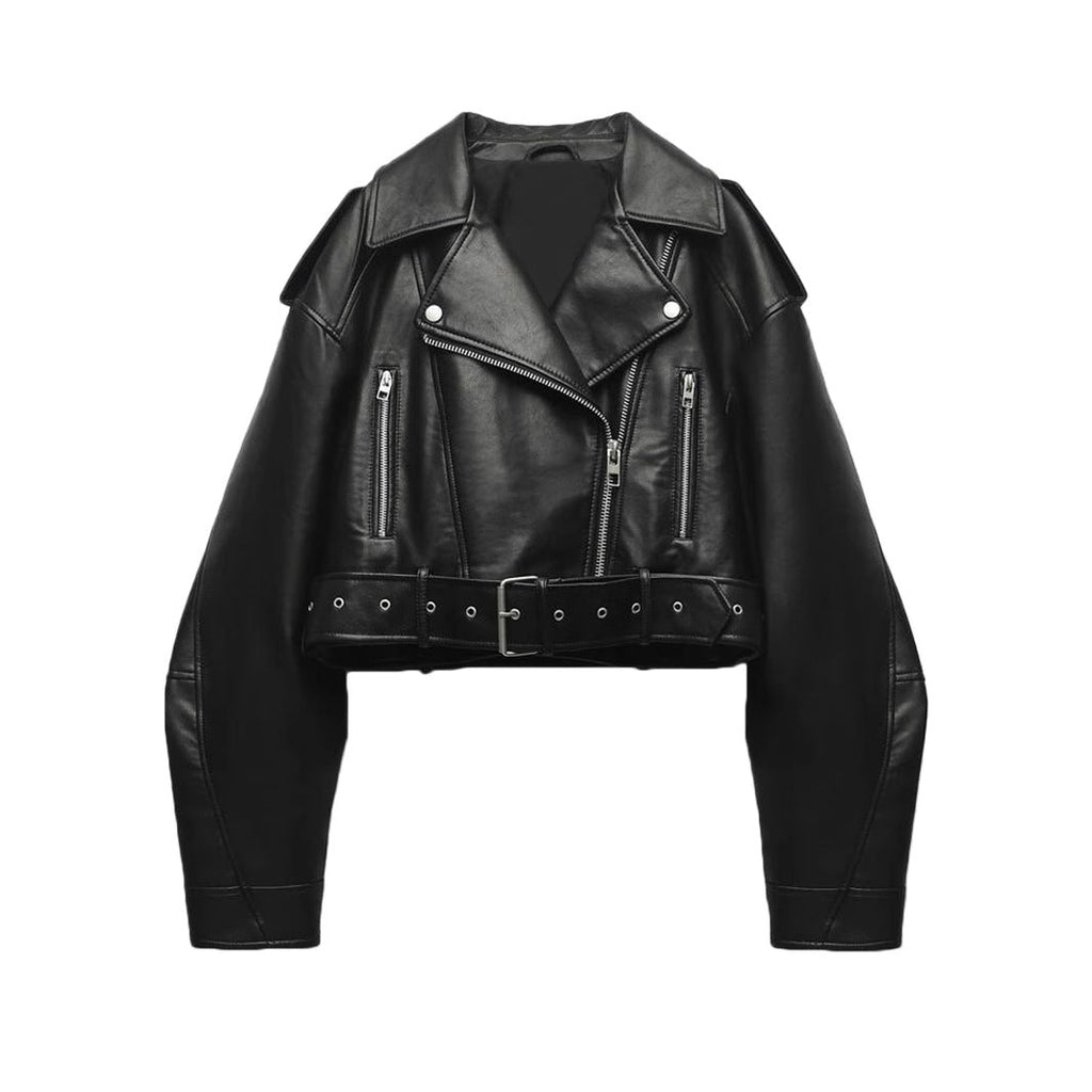 Veste Courte de Motard pour Femme en Synthèse Flexible con Ceinture Diagonale et Fermeture Croisée - Zaireth