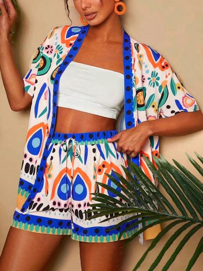 Tenue deux pièces kimono et short à motifs printaniers - Arlena