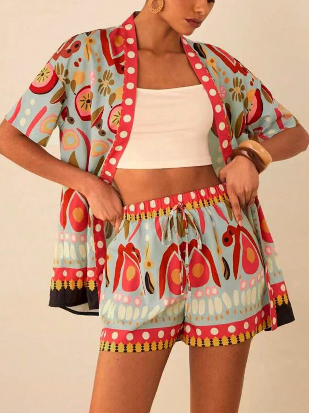Tenue deux pièces kimono et short à motifs printaniers - Arlena