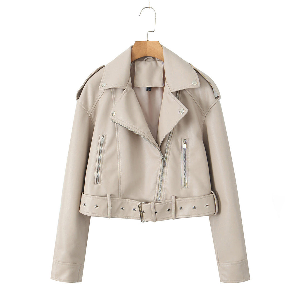 Veste Courte de Motard pour Femme en Synthèse Flexible con Ceinture Diagonale et Fermeture Croisée - Zaireth