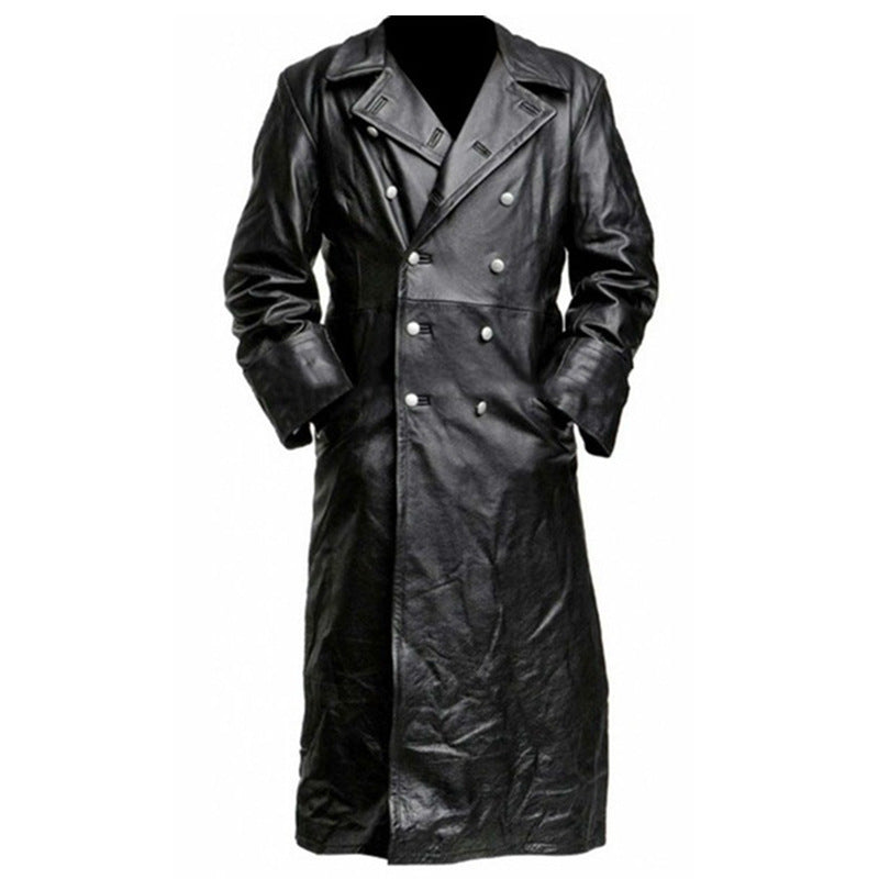 Veste De Motard Longue Pour Homme En Matière Synthétique Avec Fermeture À Boutons - Varekh