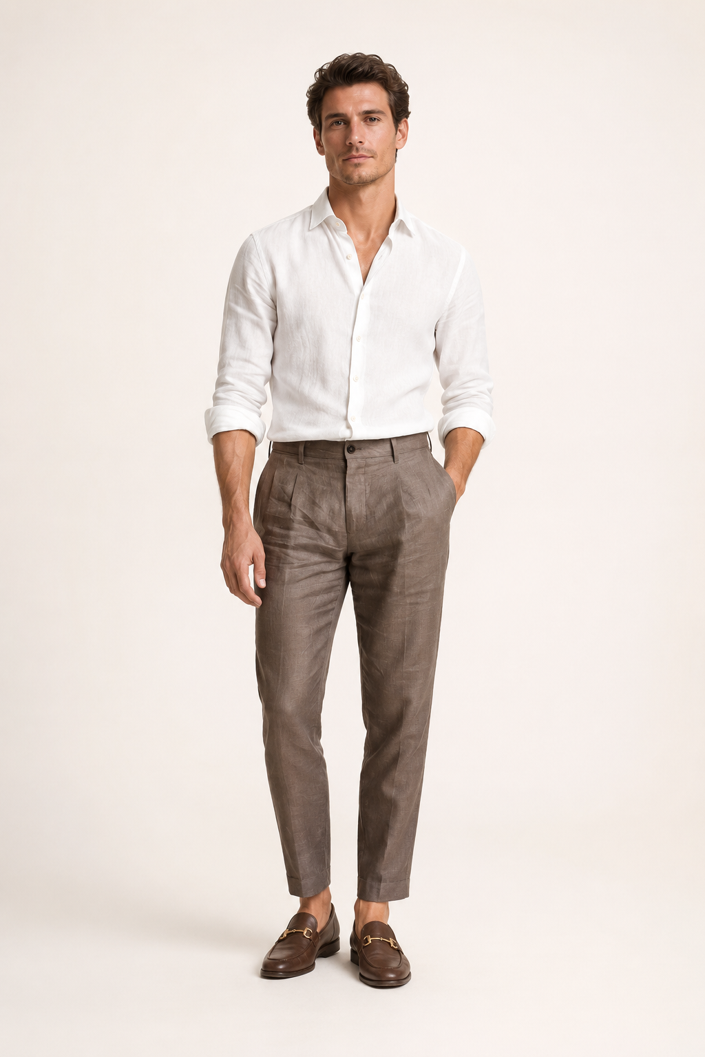 Pantalon en lin pour homme, à pinces, coupe droite et longueur cheville - Wolfram