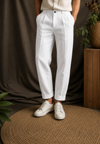 Pantalon homme en lin à pinces, coupe droite, passants et poches latérales - René