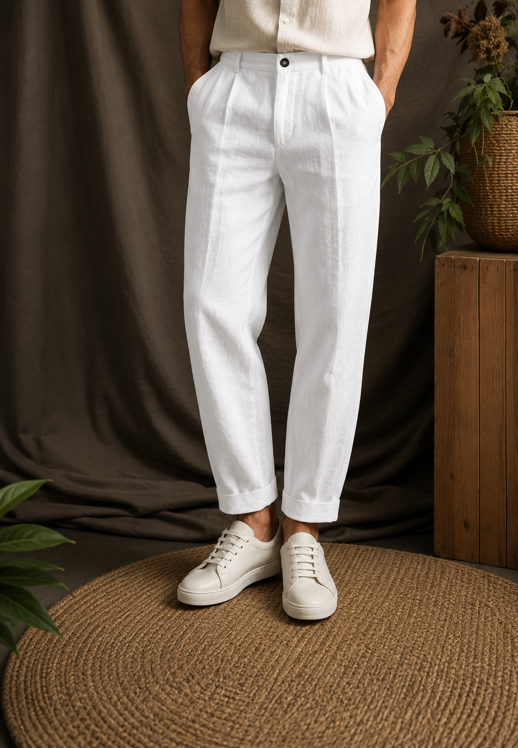 Pantalon lin homme pinces coupe droite passants poches - René