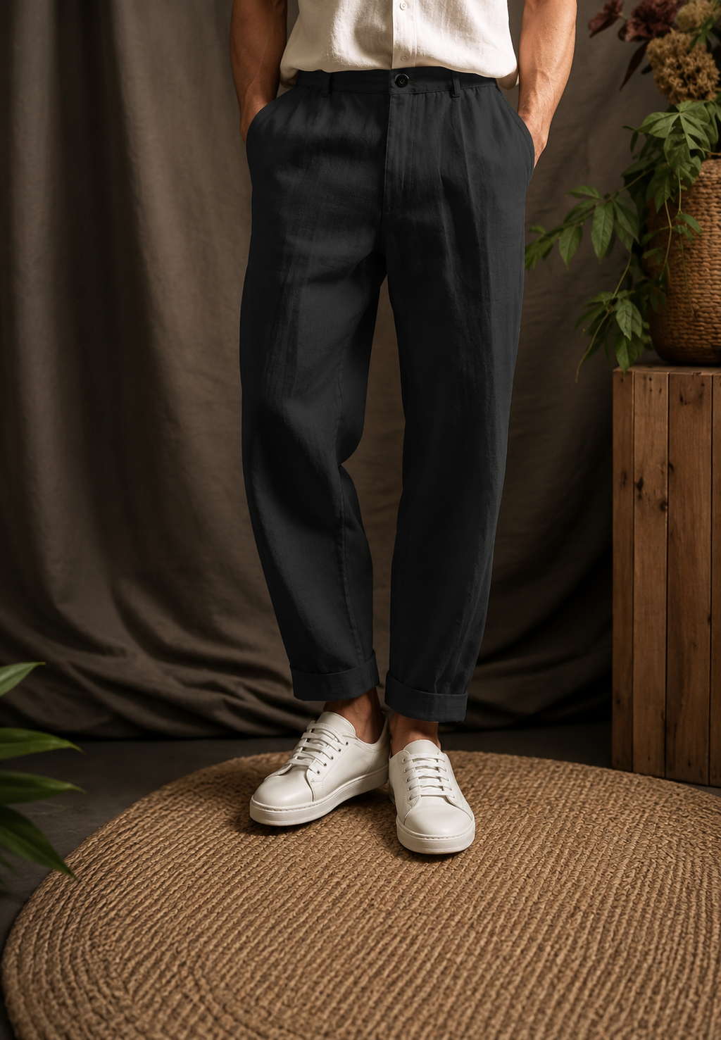 Pantalon lin homme pinces coupe droite passants poches - René
