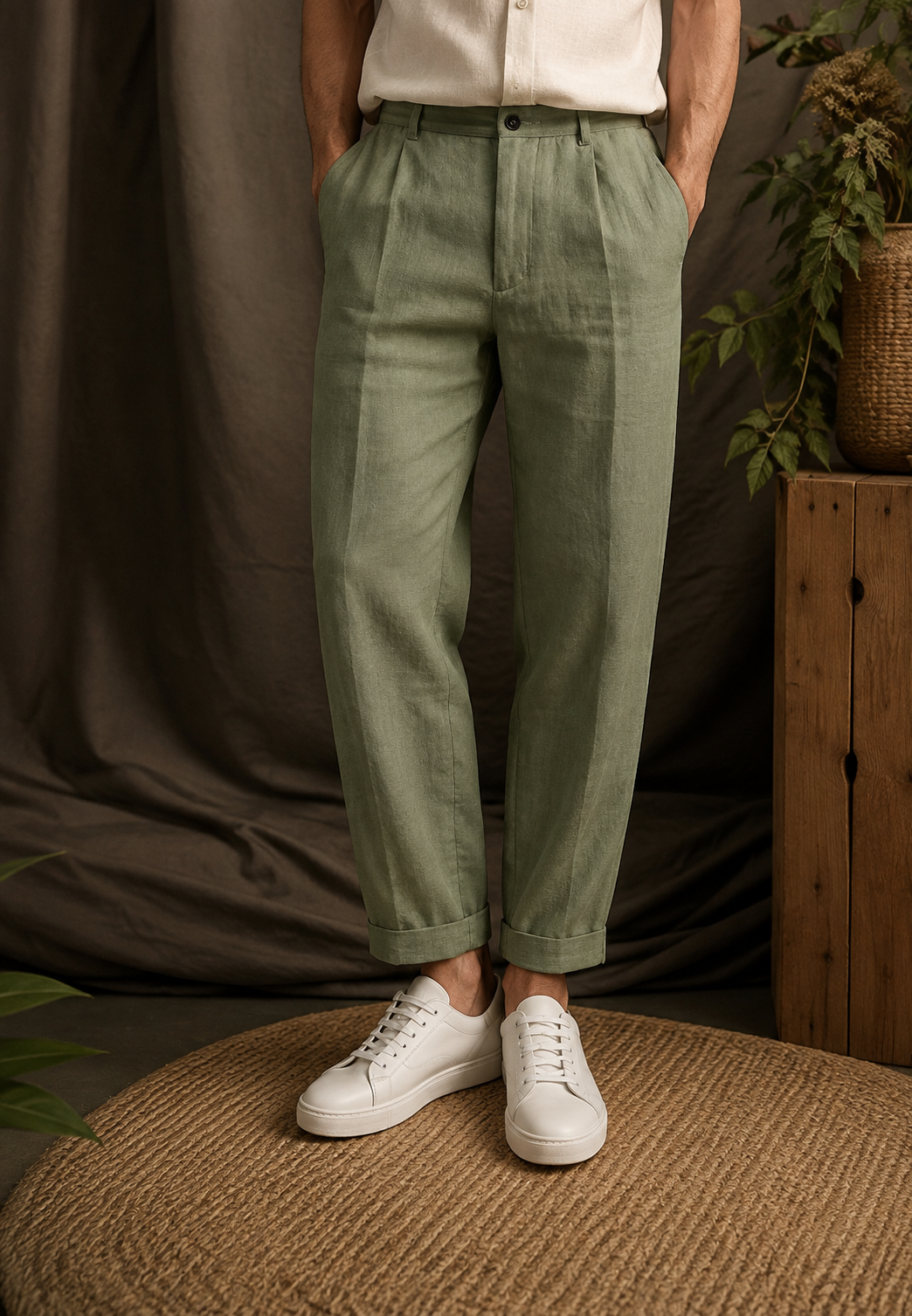 Pantalon lin homme pinces coupe droite passants poches - René