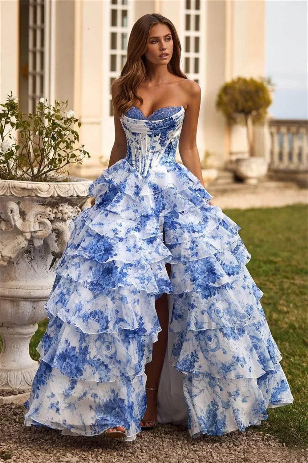 Robe longue bustier cœur imprimé floral superposé - Ivoire