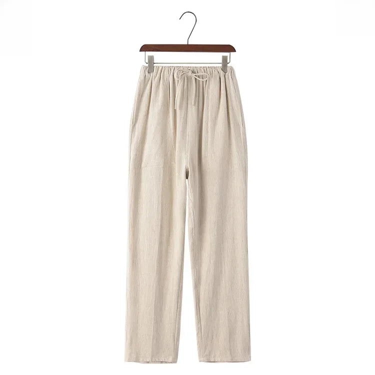 Pantalon large en lin à taille élastique et cordon de serrage femmes - Nerea