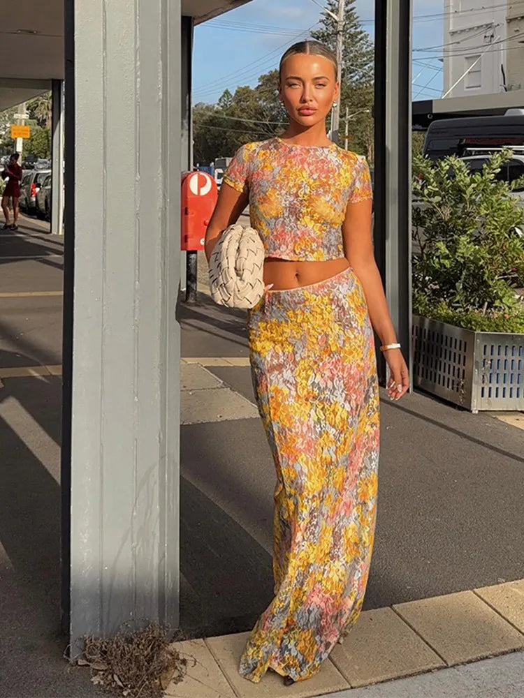 Ensemble imprimé pour femme avec crop top et jupe longue - Selira