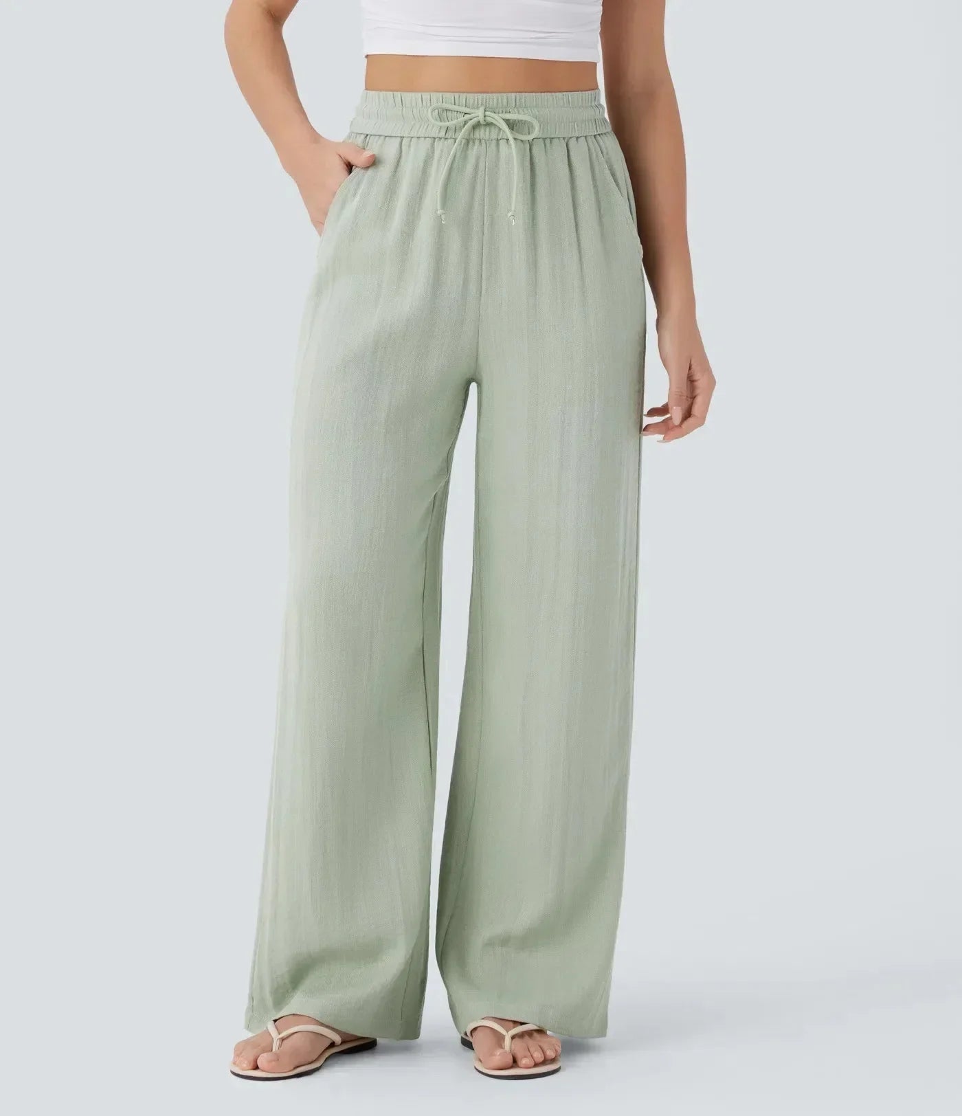 Pantalon large en lin pour femme à taille élastiquée et cordon ajustable - Brisa