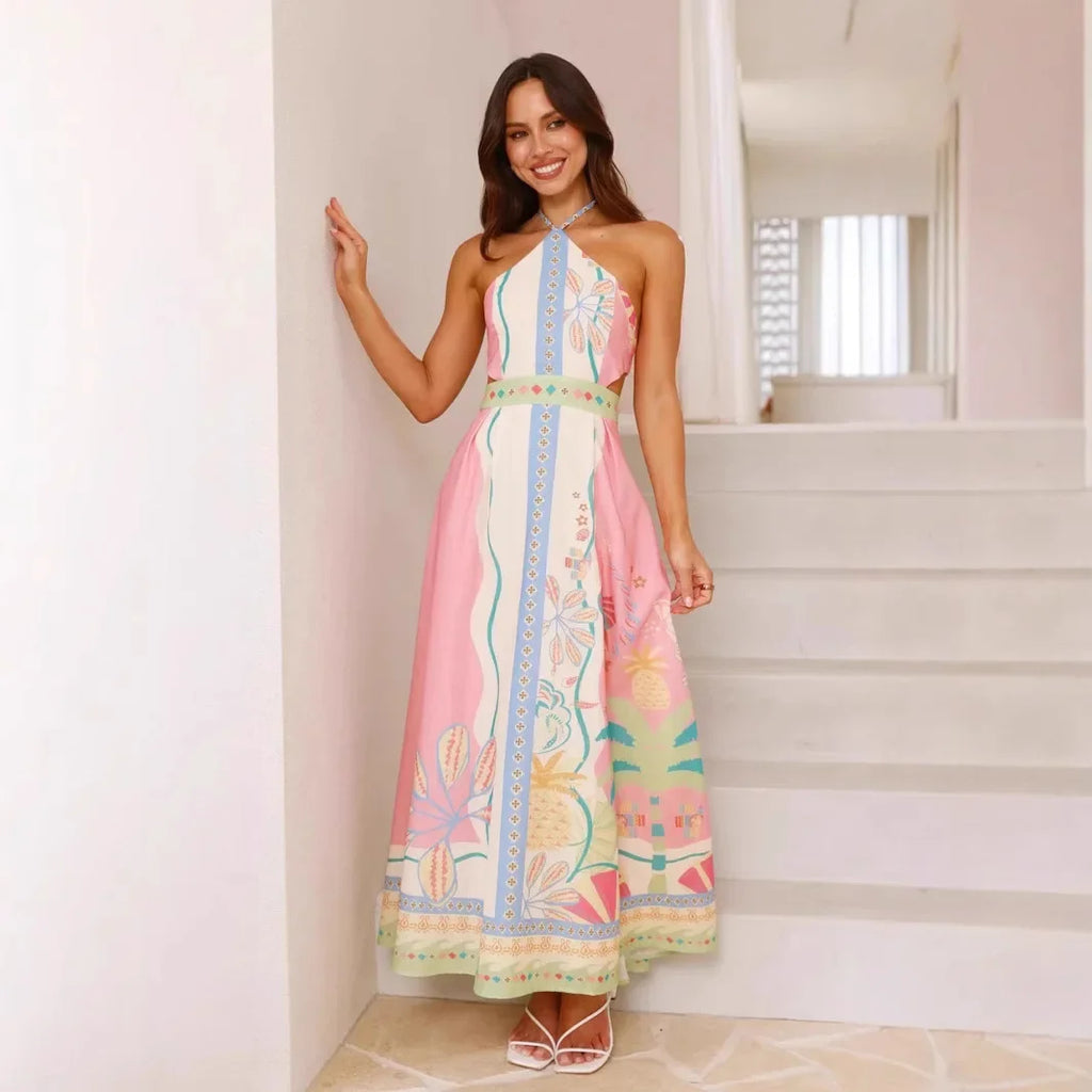 Robe longue imprimée dos nu encolure licou - Valentina