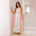 Robe longue imprimée dos nu encolure licou - Valentina