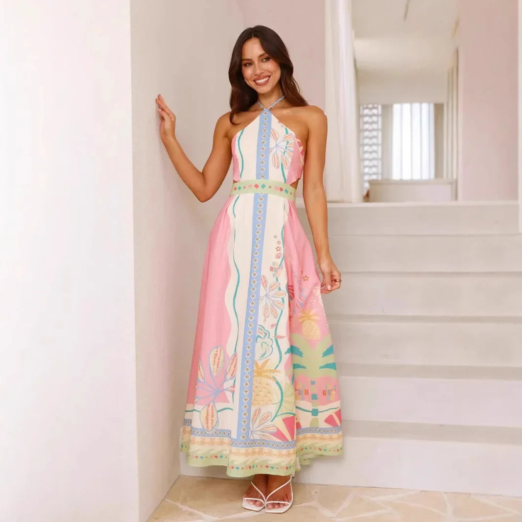 Robe longue imprimée dos nu encolure licou - Valentina