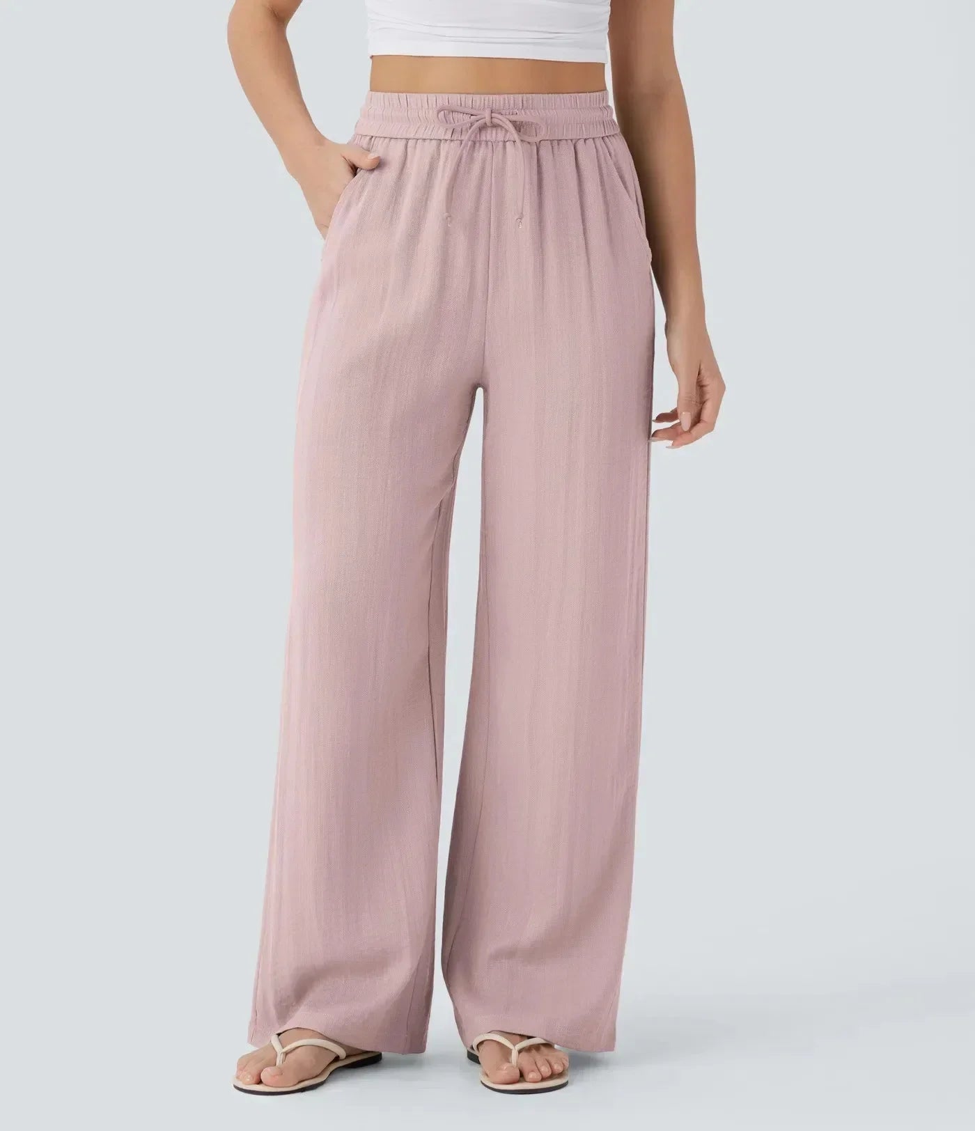Pantalon large en lin pour femme à taille élastiquée et cordon ajustable - Brisa