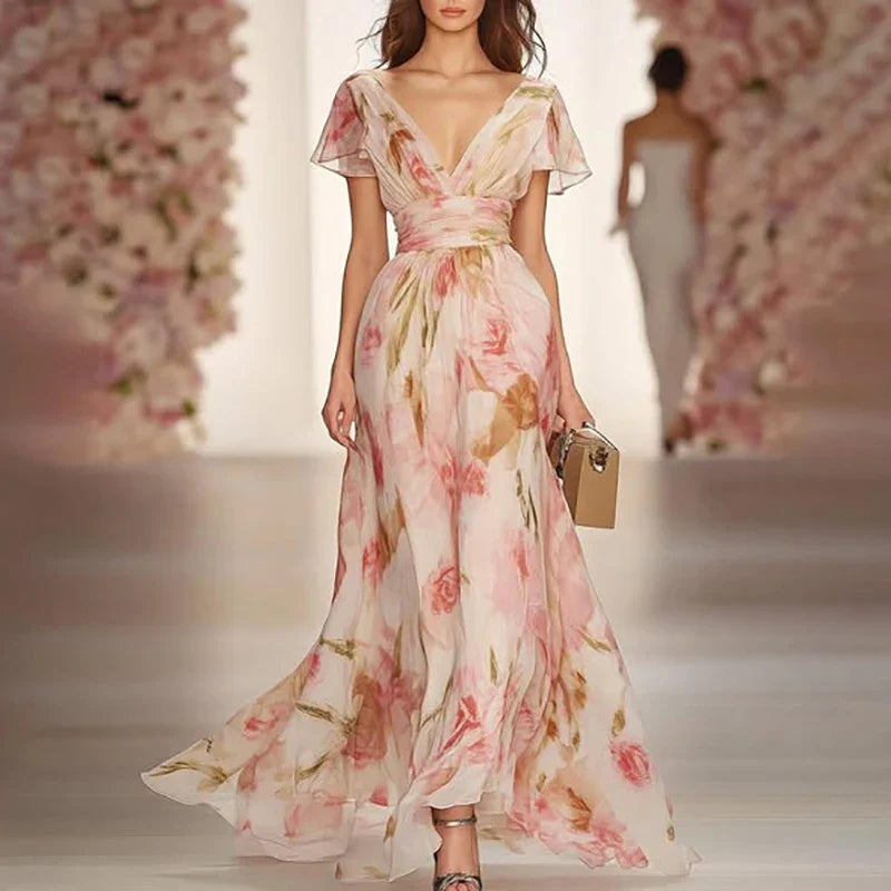Robe longue fleurie décolleté en V manches drapées - Isabella