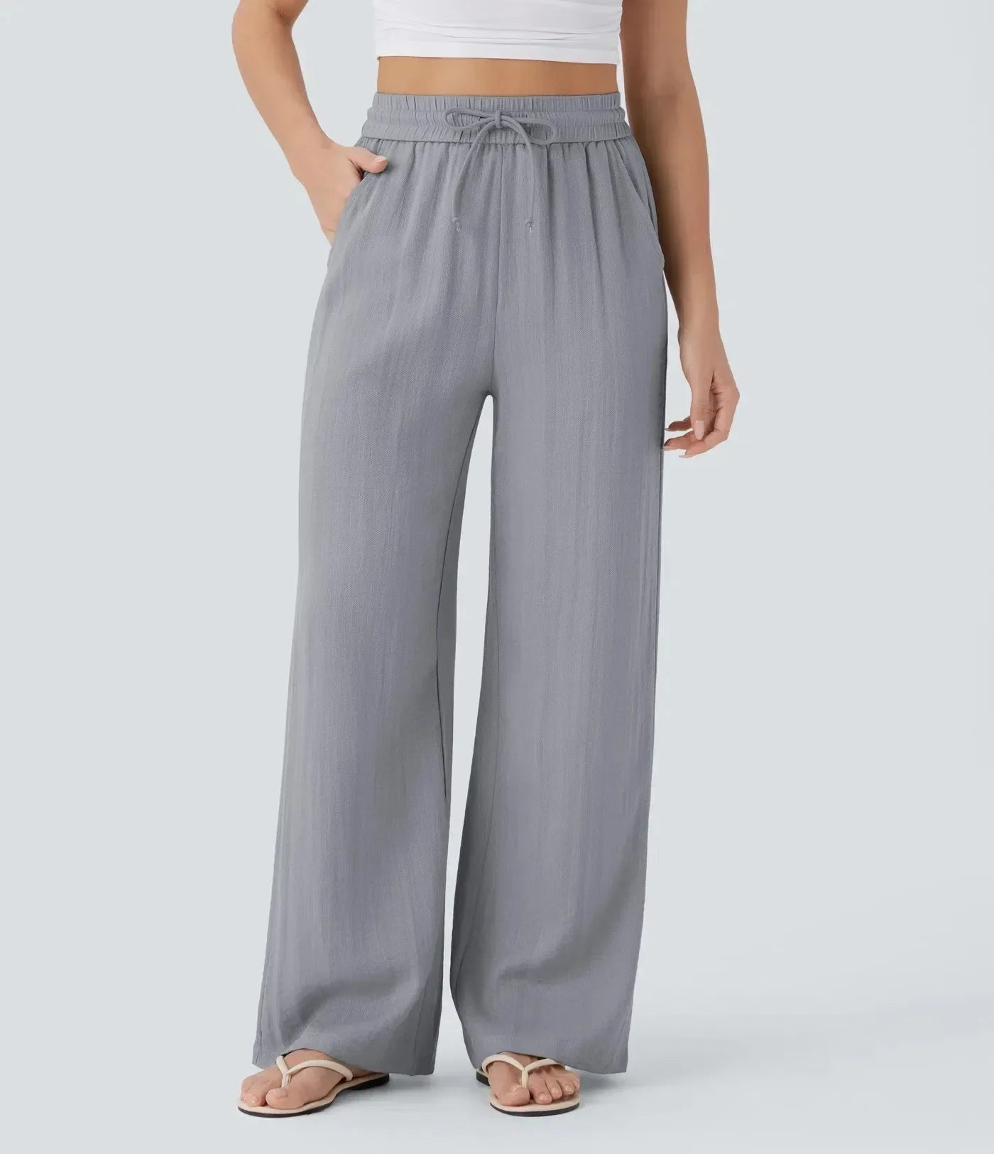 Pantalon large en lin pour femme à taille élastiquée et cordon ajustable - Brisa