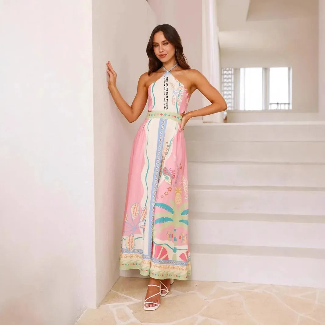 Robe longue imprimée dos nu encolure licou - Valentina