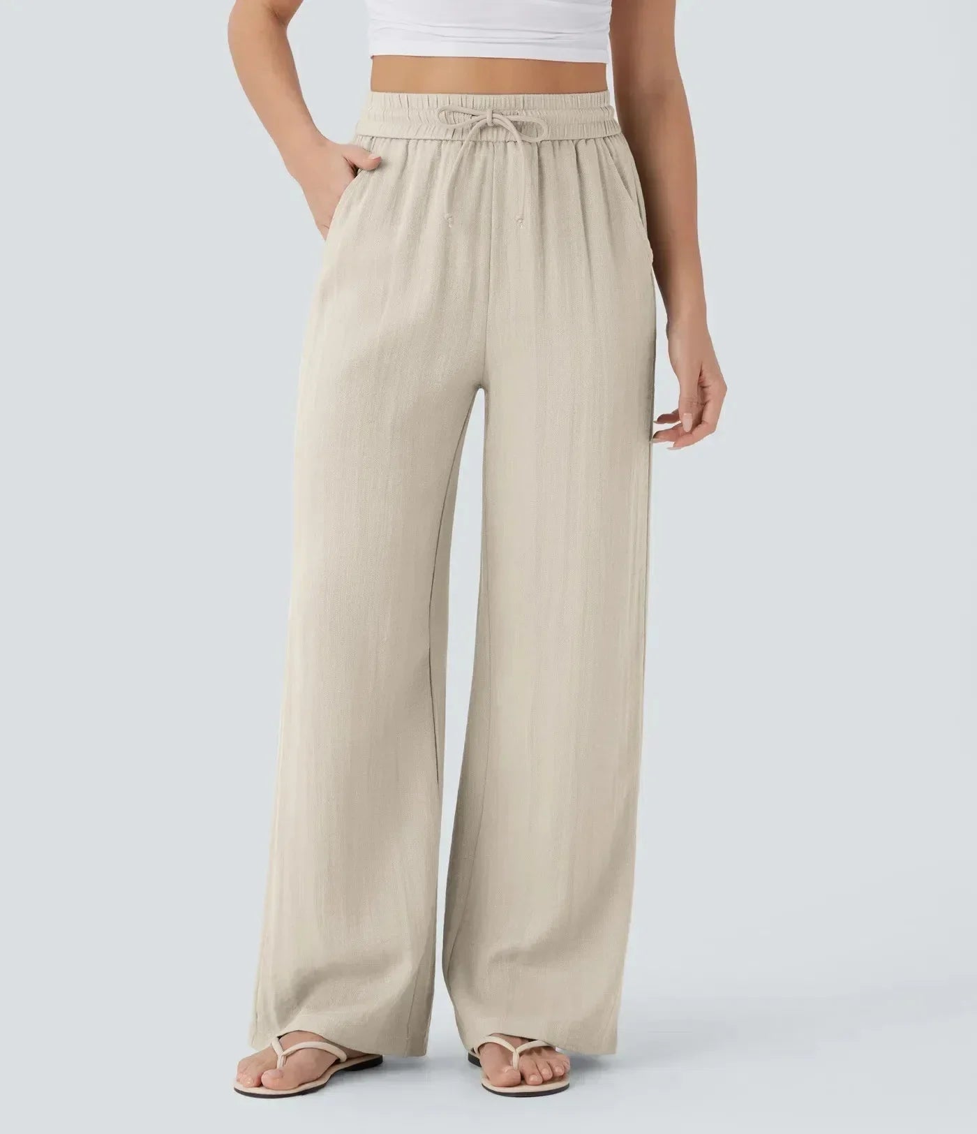 Pantalon large en lin pour femme à taille élastiquée et cordon ajustable - Brisa