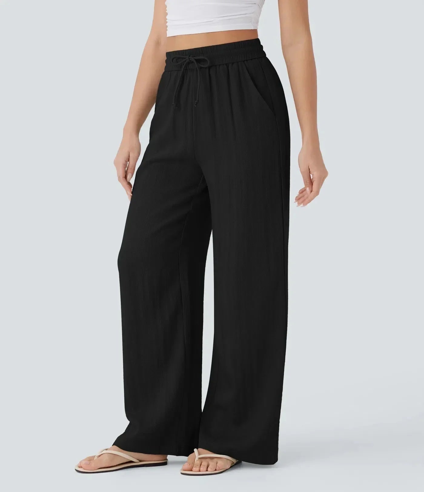 Pantalon large en lin pour femme à taille élastiquée et cordon ajustable - Brisa