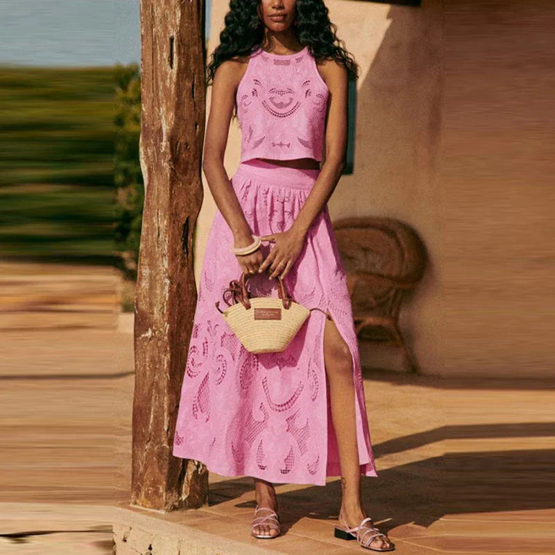 Set femme à jupe longue brodée et top ajouré - Larea