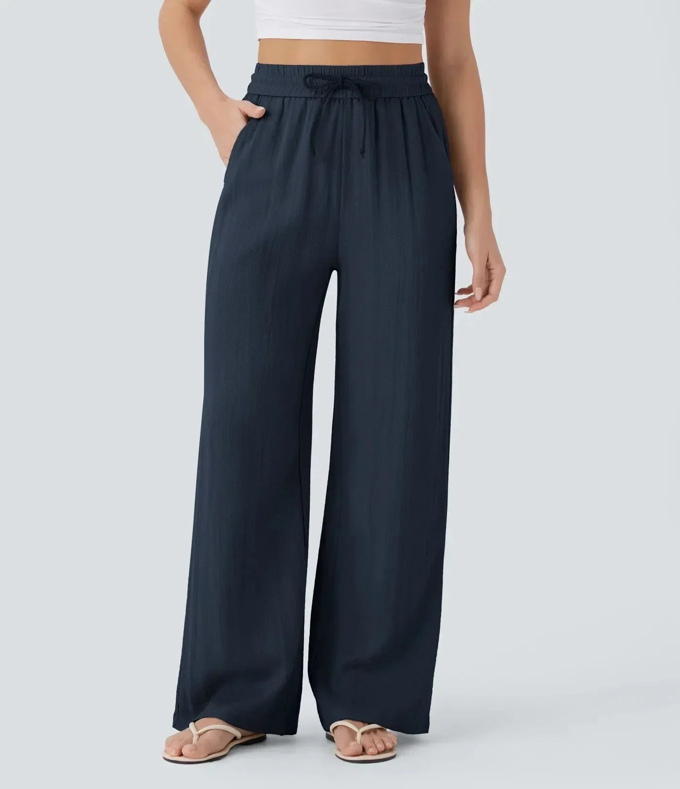 Pantalon large en lin pour femme à taille élastiquée et cordon ajustable - Brisa