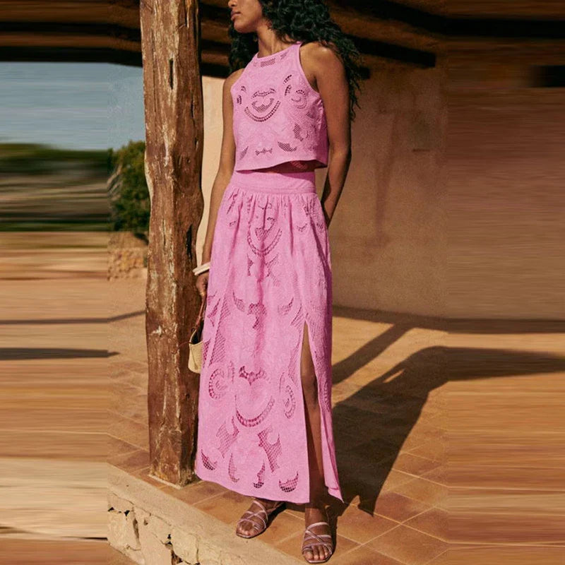 Set femme à jupe longue brodée et top ajouré - Larea