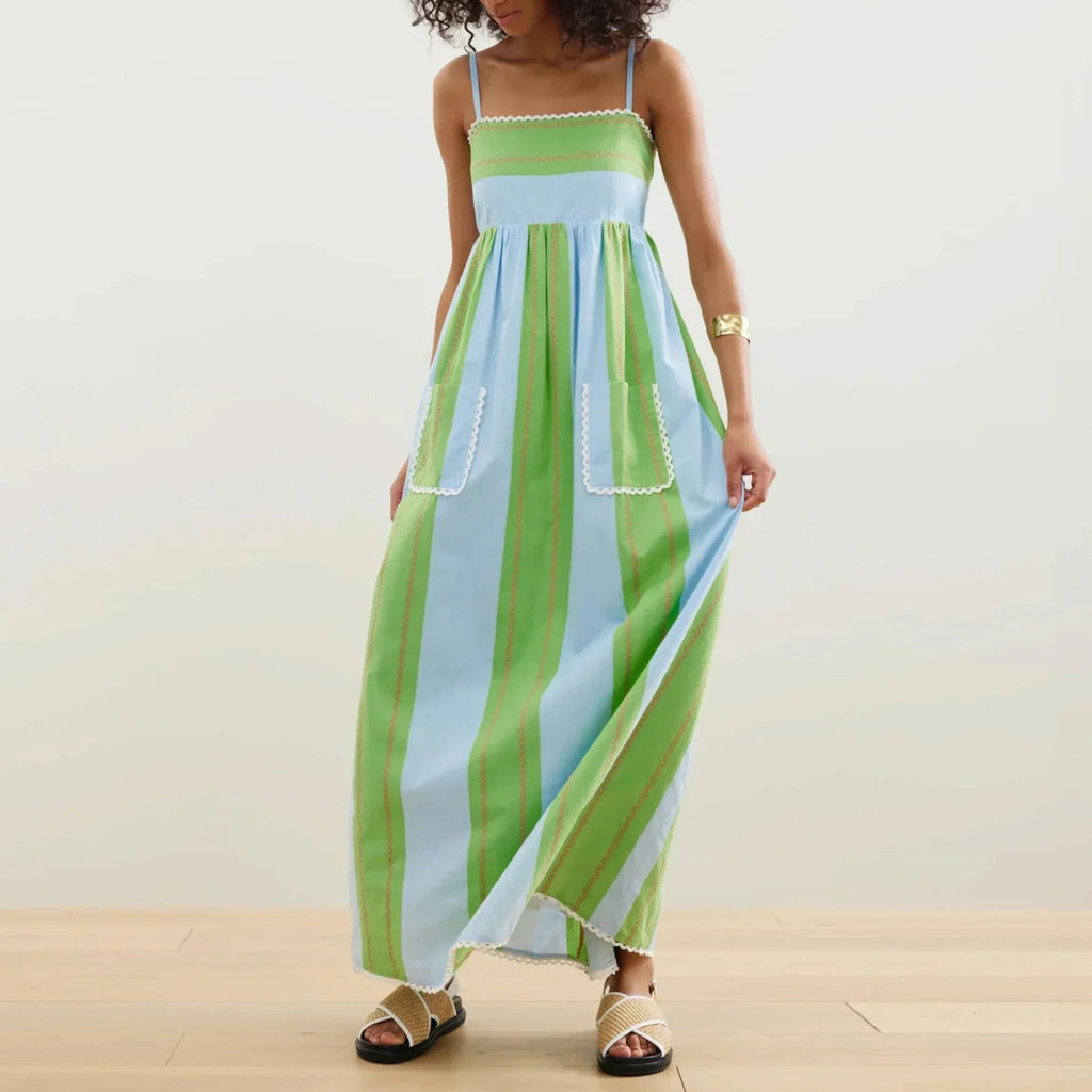 Robe longue rayée à fines bretelles avec poches pour femme - Liora