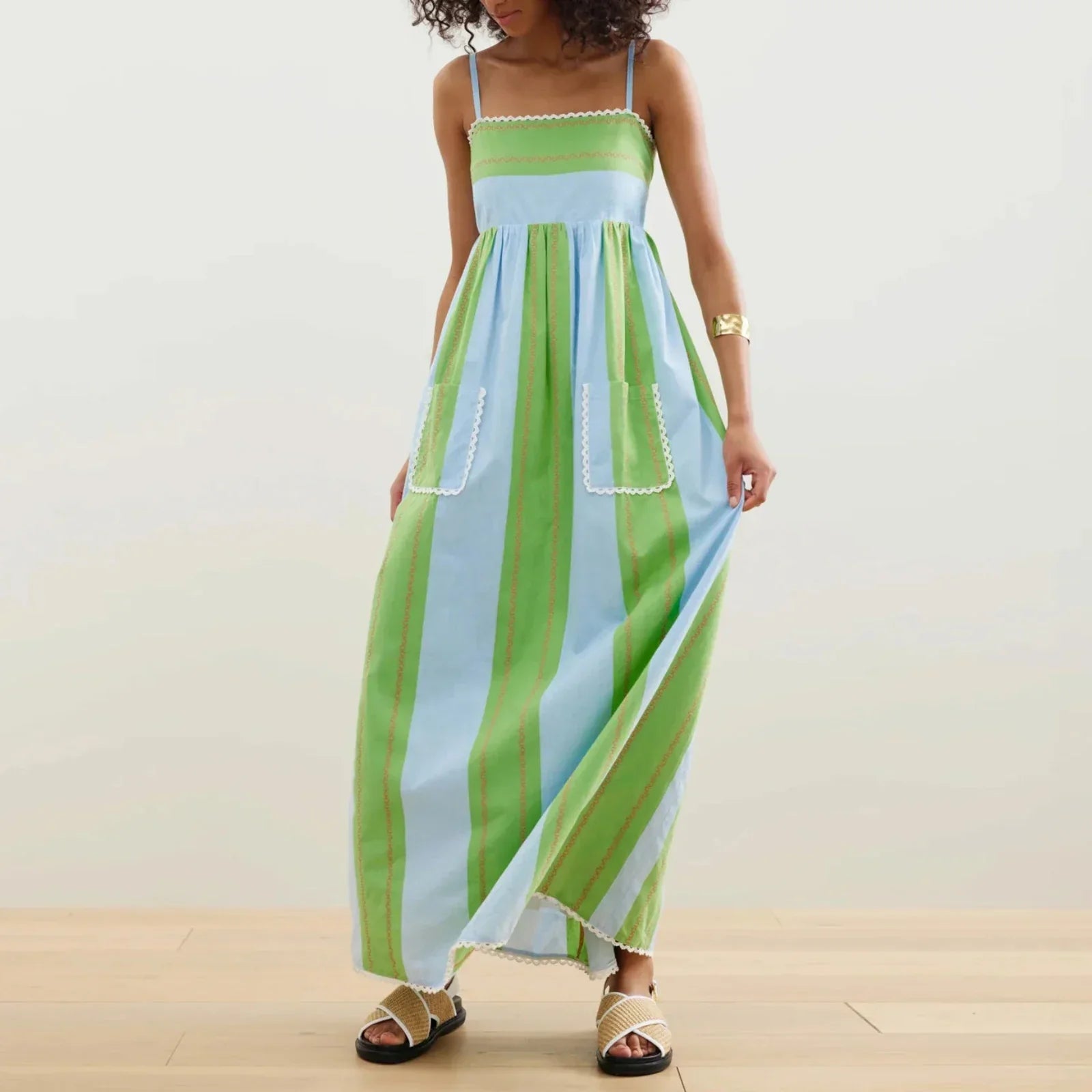 Robe longue rayée à fines bretelles avec poches pour femme - Liora