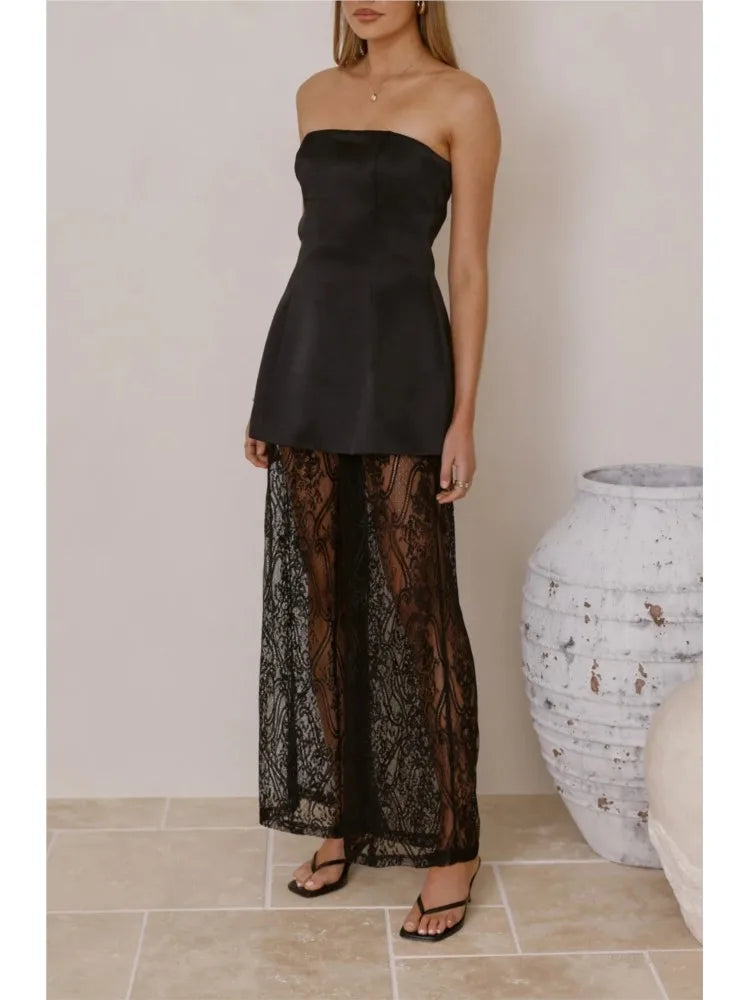 Set femme à top à bretelles et pantalon en dentelle - Selira