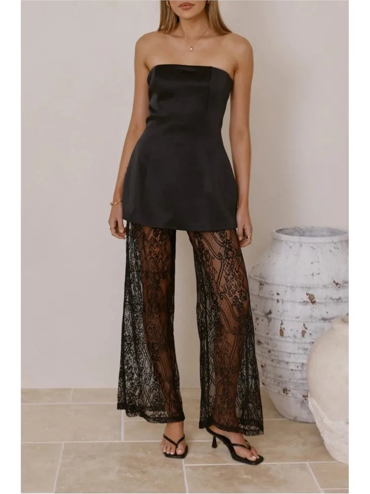 Set femme à top à bretelles et pantalon en dentelle - Selira