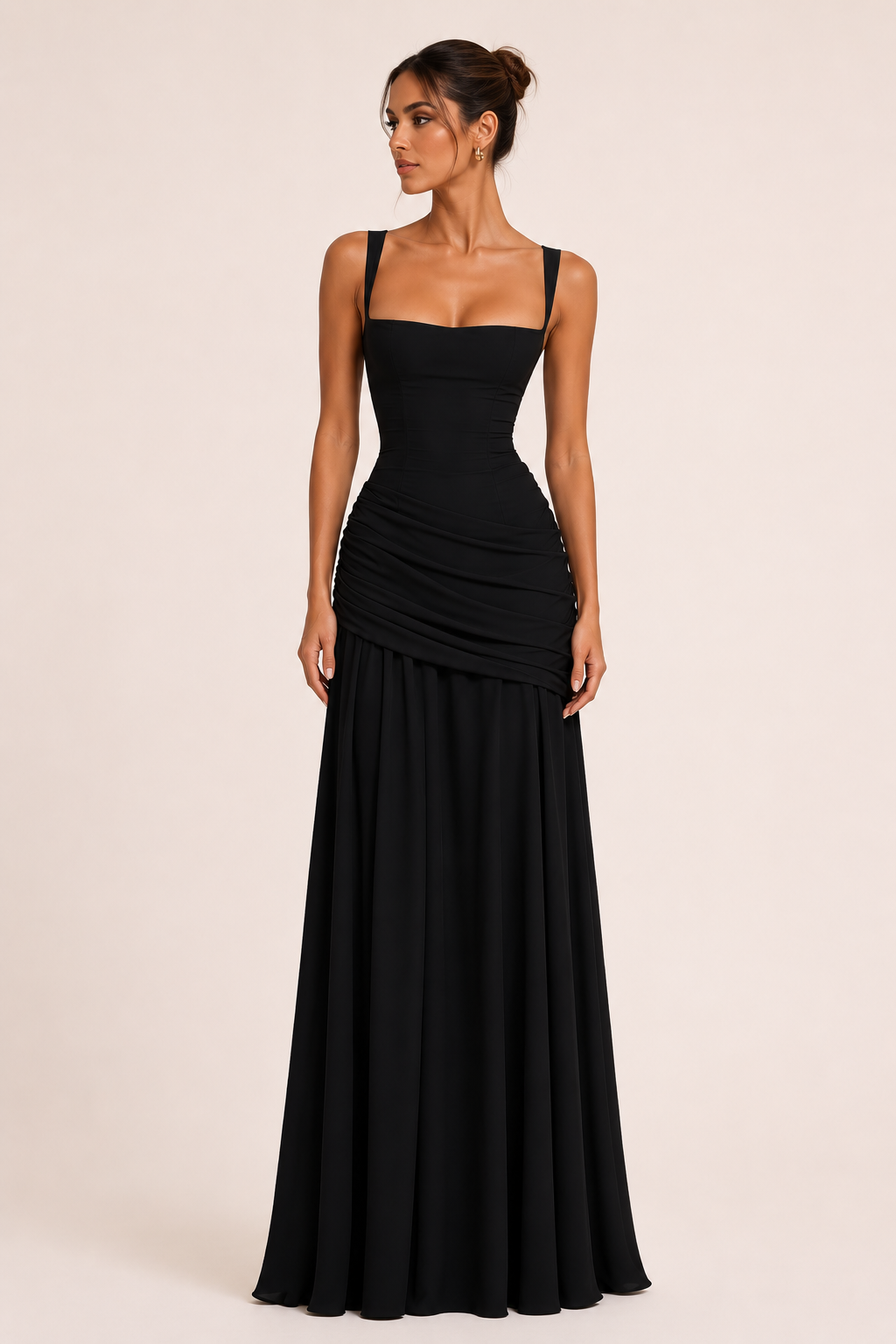 Robe longue pour invitée de mariage, avec décolleté carré et jupe drapée - Adelheid