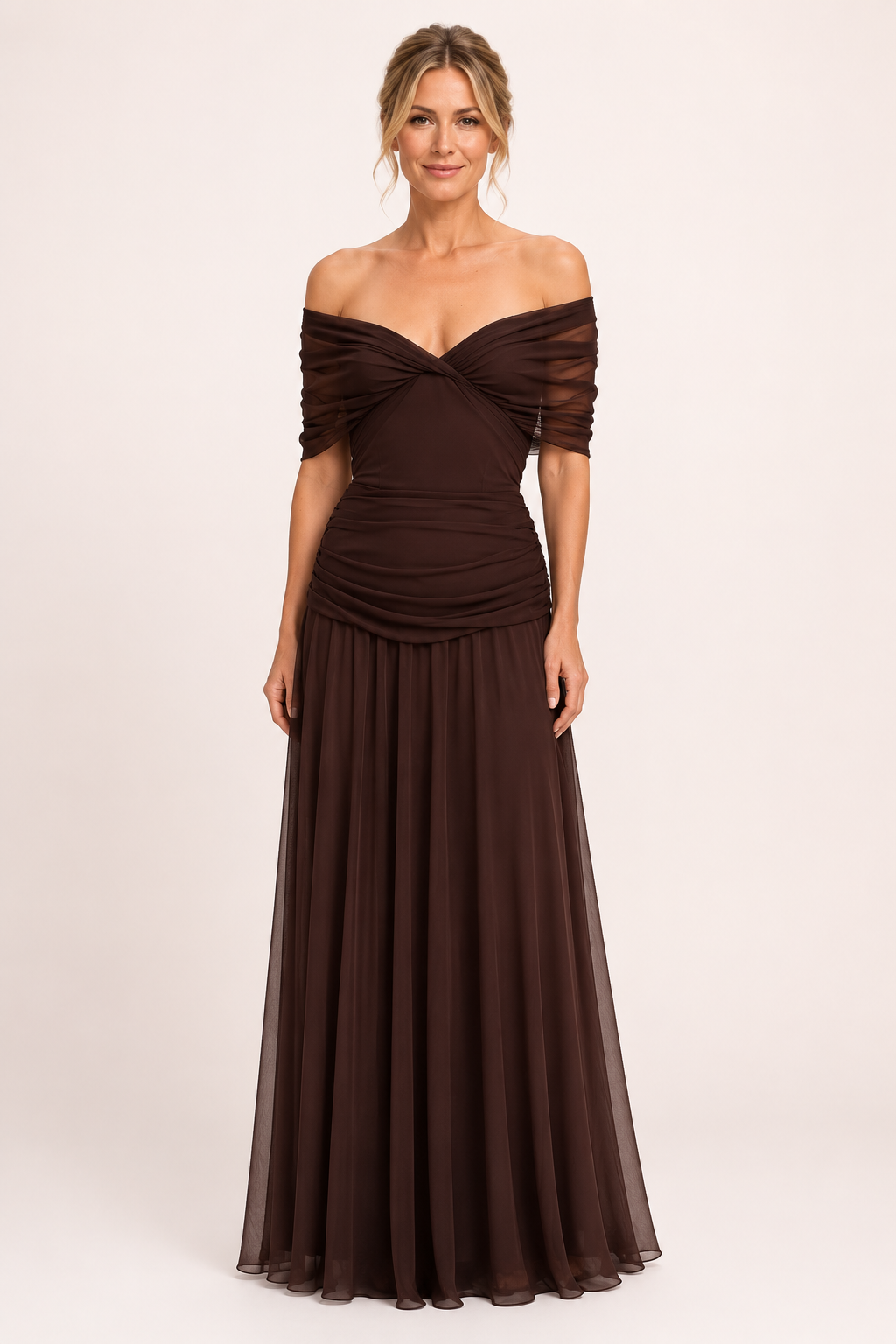Robe longue froncée pour femme, avec décolleté en V et épaules dénudées - Marita
