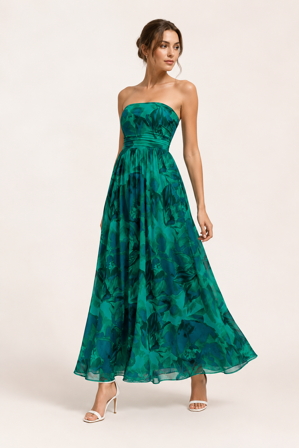 Robe vintage pour femme sans bretelles, à imprimé floral et jupe évasée - Elfriede