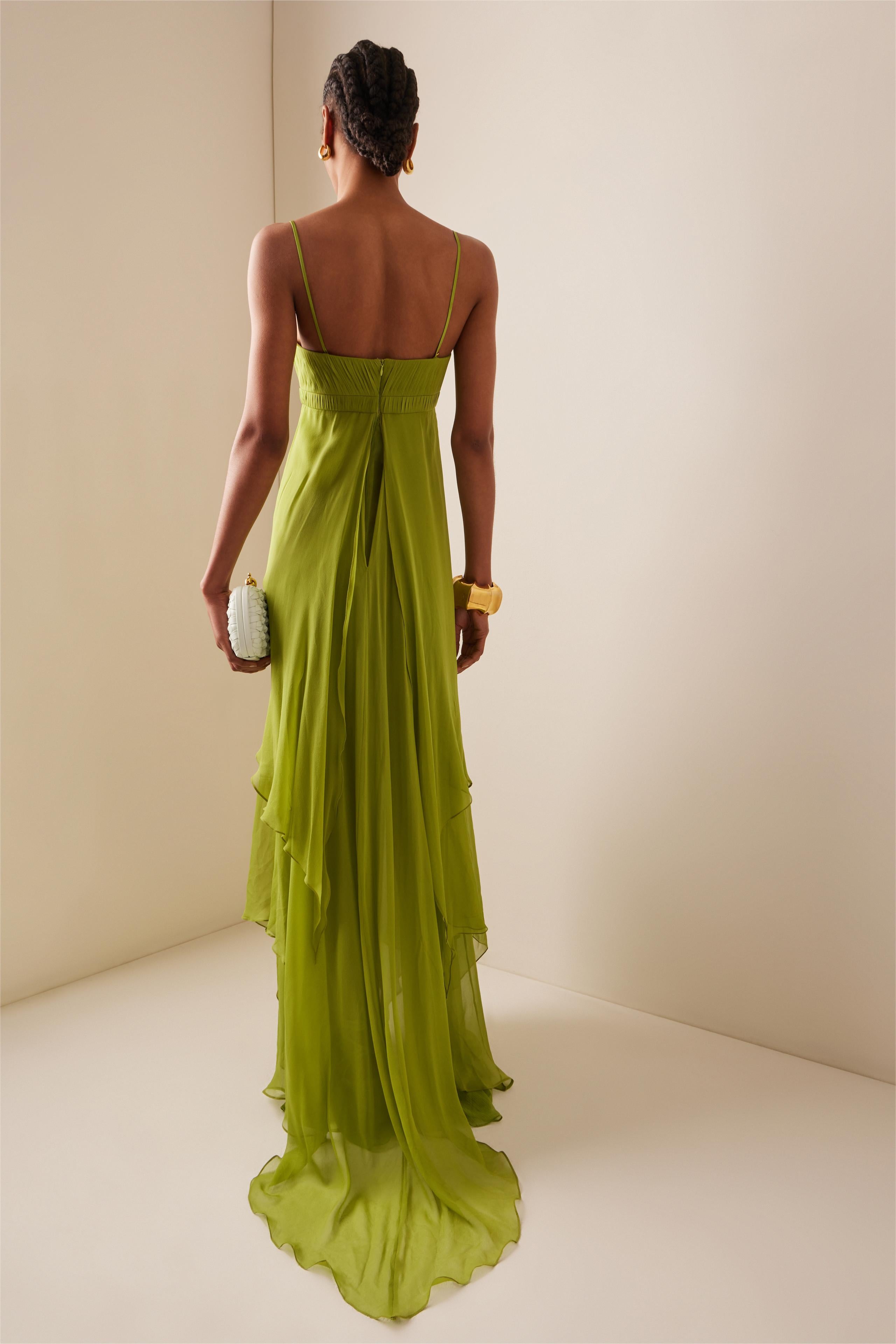 Robe longue mousseline fente devant buste plissé - Helga