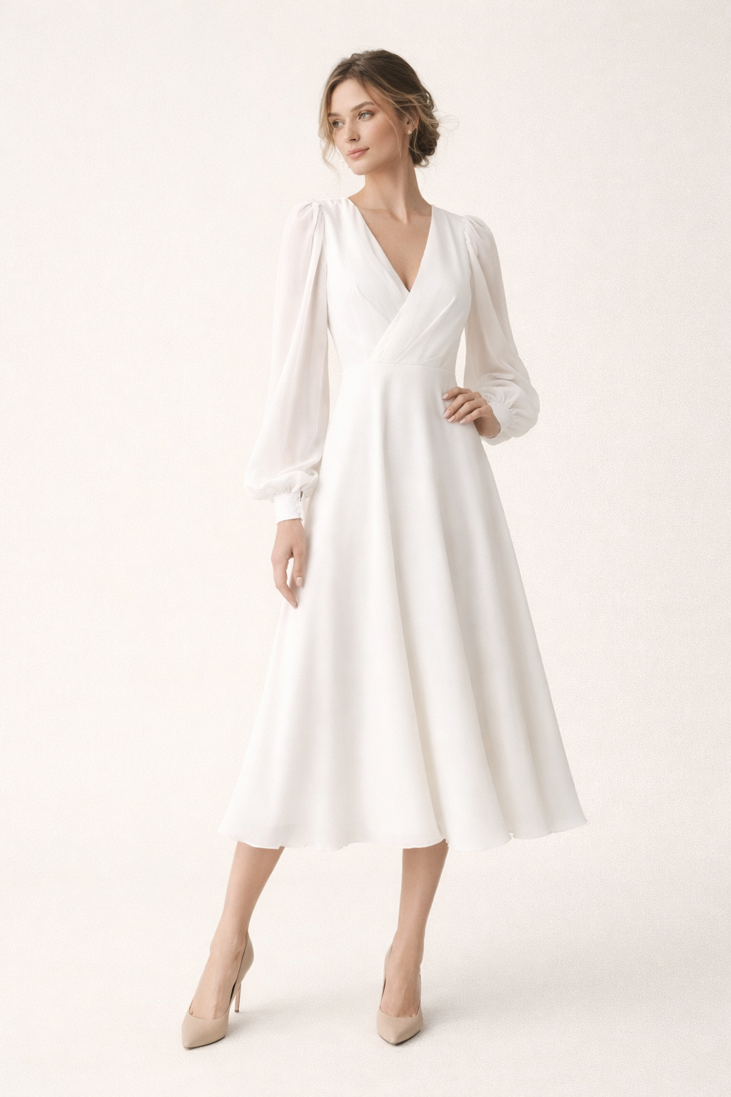 Robe midi manches bouffantes décolleté en V pour mariage - Elsa