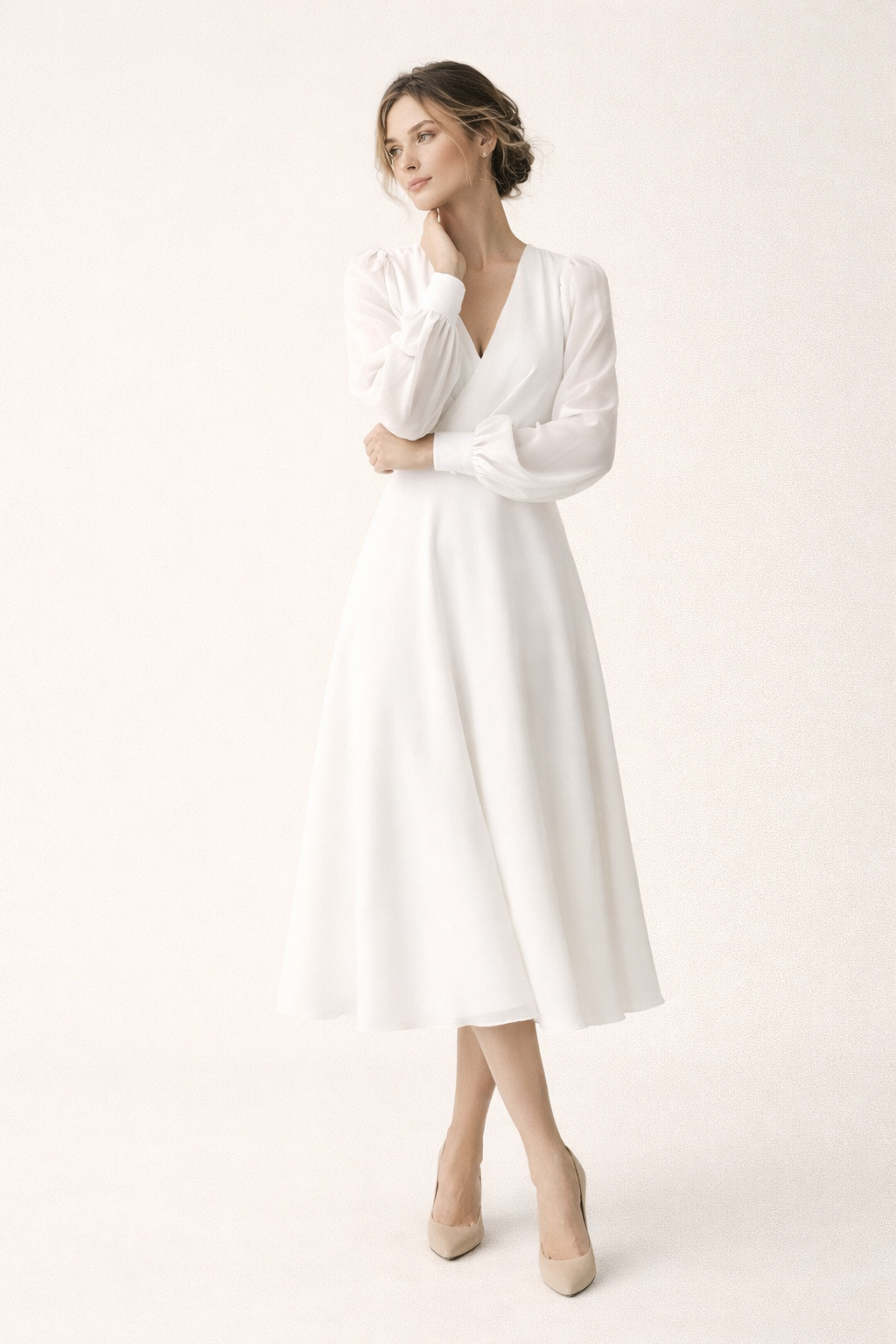 Robe midi manches bouffantes décolleté en V pour mariage - Elsa