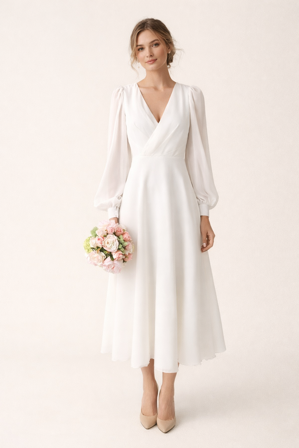 Robe midi manches bouffantes décolleté en V pour mariage - Elsa