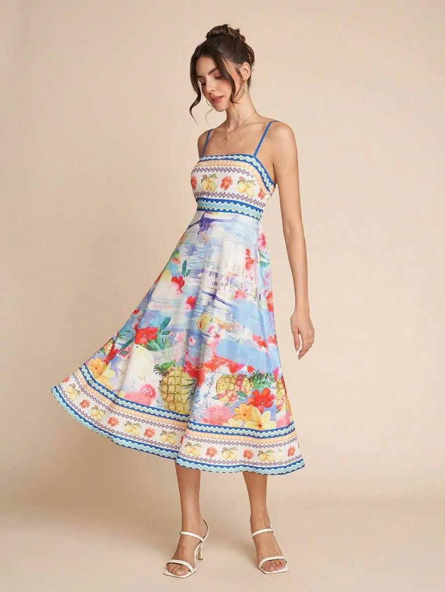 Robe midi femme encolure droite motif fleuri saison estivale - Mirela