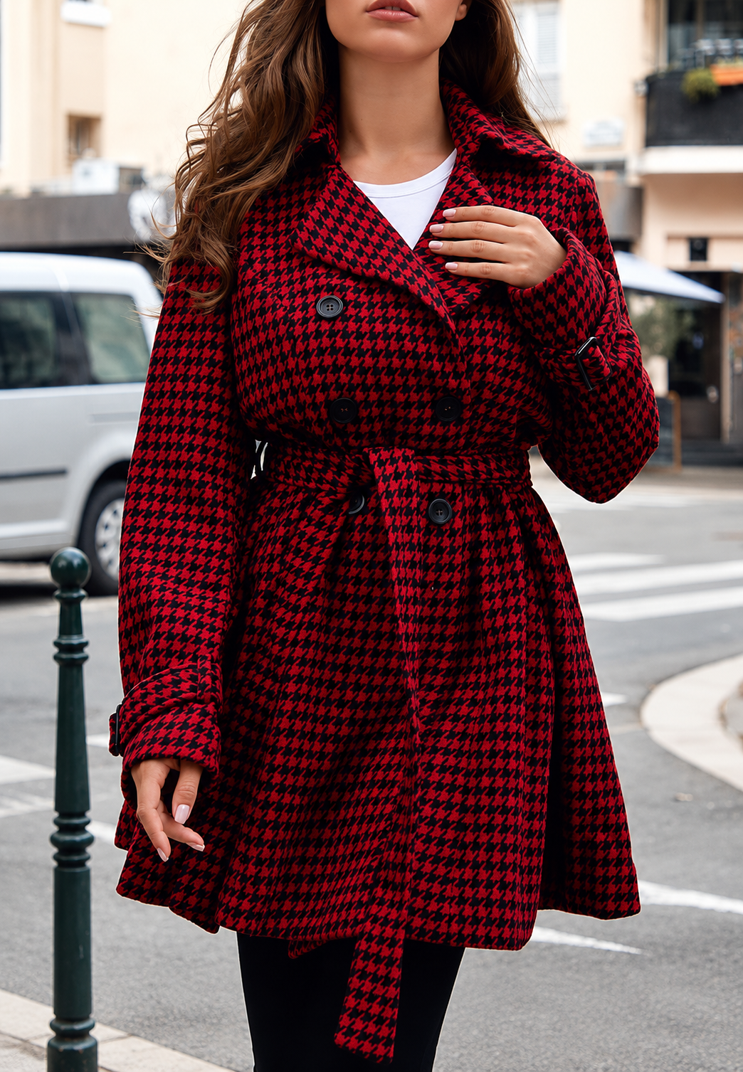Manteau court croisé femme pied-de-poule double boutonnage - Lysanne