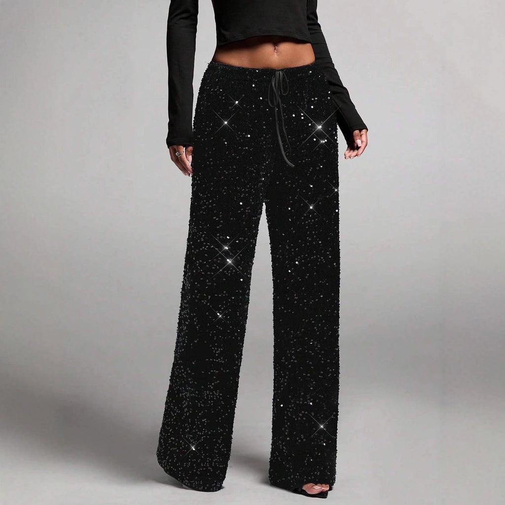 Pantalon en tissu à effet pailleté avec coupe large et drapé fluide pour femmes - Lyrane