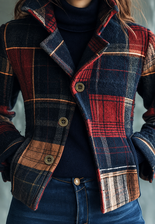 Blazer femme carreaux patchwork revers cranté tailleur - Noémie