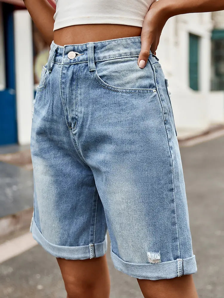 Bermuda denim effiloché ourlet plié longueur cuisse - Charlotte