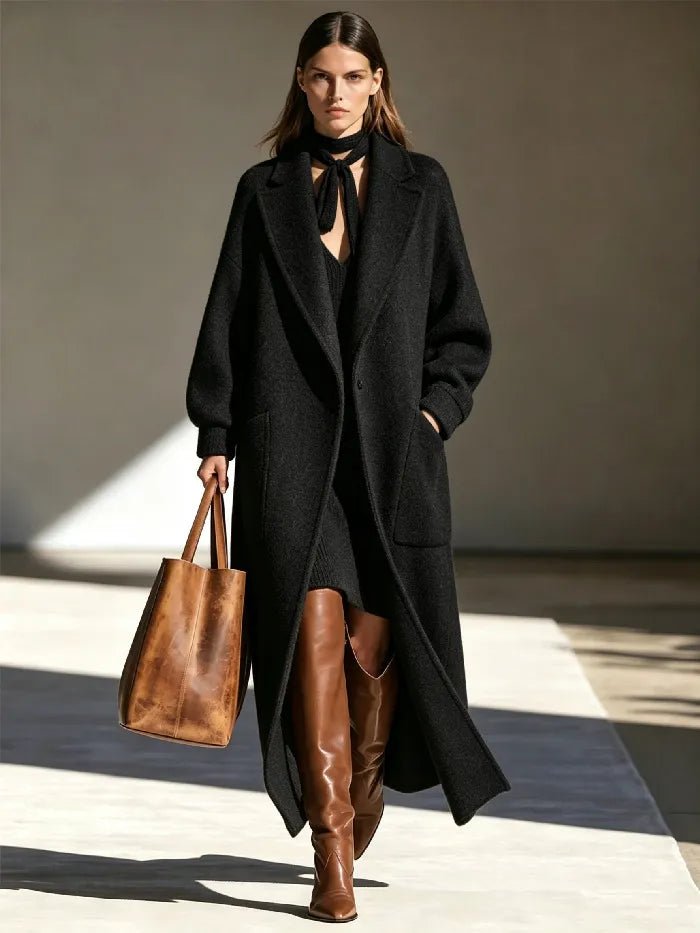 Manteau long femme à revers coupe droite élégant hiver - Mara