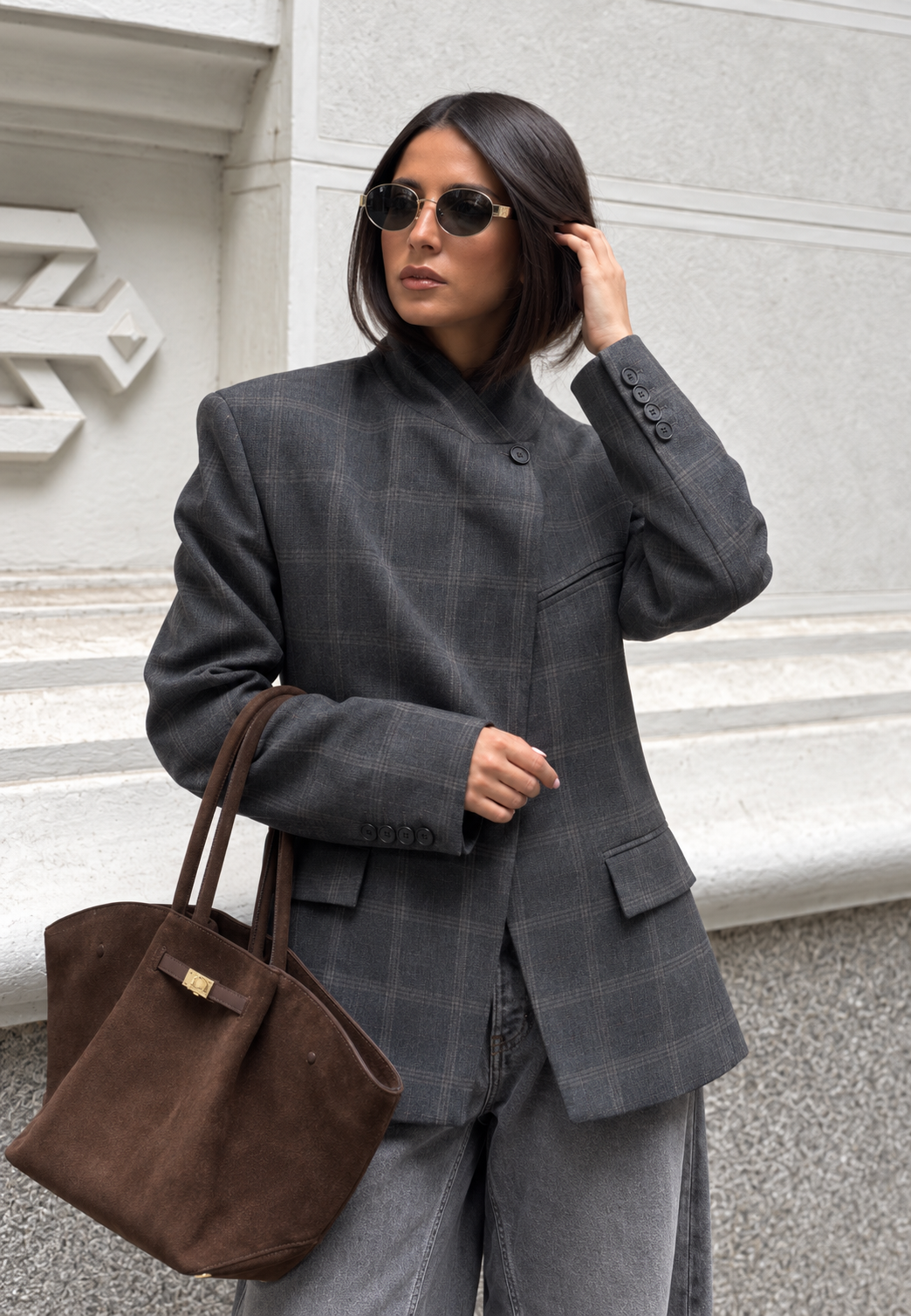 Blazer femme carreaux col montant boutons apparents épaulettes - Vega