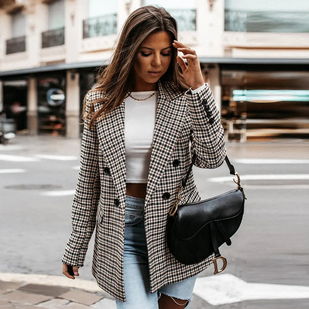 Blazer femme carreaux double boutonnage revers motif - Karina