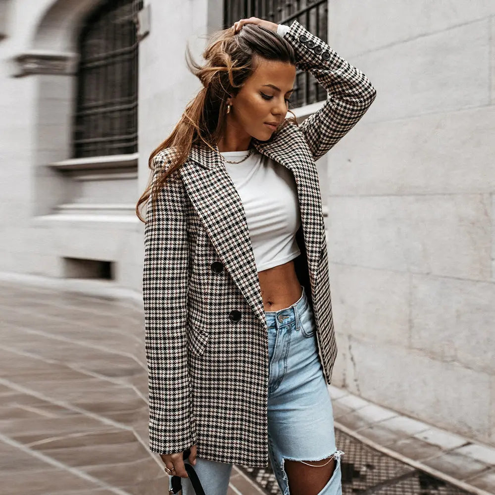 Blazer femme carreaux double boutonnage revers motif - Karina