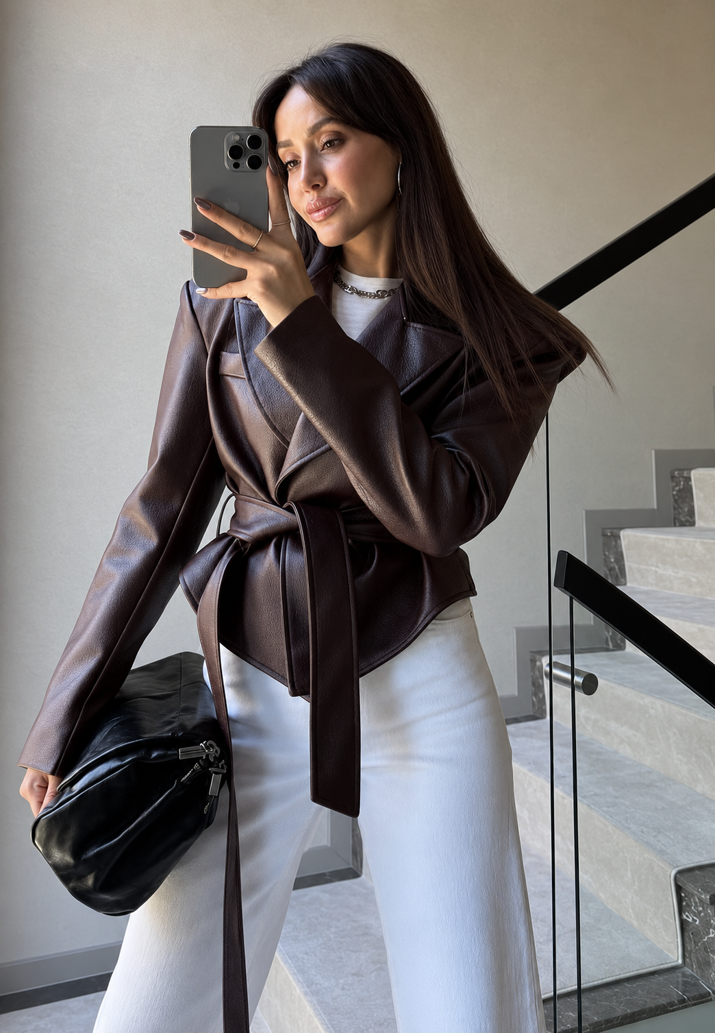 Blazer femme effet cuir ceinture à nouer taille marquée - Elowen