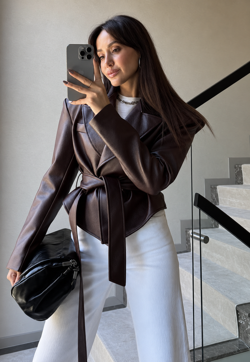 Blazer femme effet cuir ceinture à nouer taille marquée - Elowen